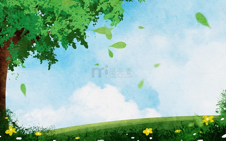 手绘插画户外蓝天白云春天夏天植物海报