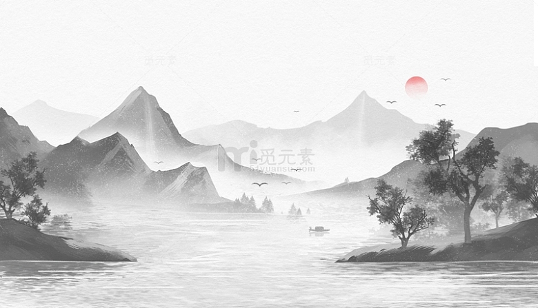 中国风山水水墨古风山水画海报背景