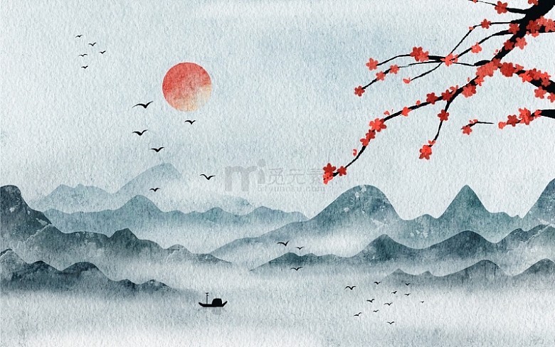 中国风古风手绘山水画梅花飞鸟插画海报