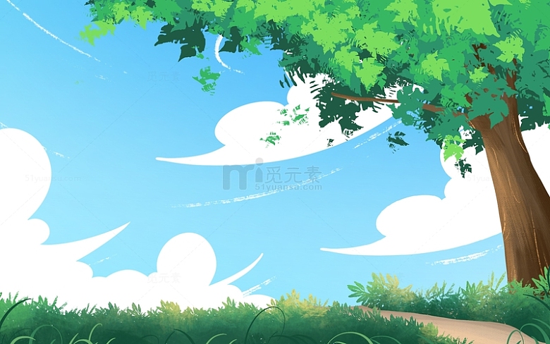 手绘春天夏天蓝天白云插画大树植物海报