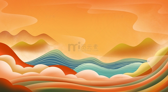 手绘中式复古山脉祥云底部插画海报展板