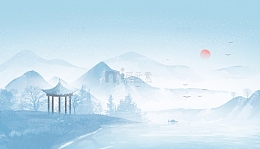 寒露节气渔船水墨山水浅蓝色中国风背景