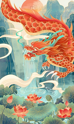 国风国潮飞龙山水瀑布插画