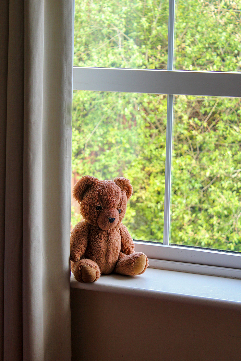 棕色泰迪熊坐在窗台上