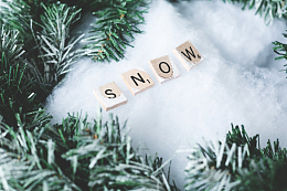冬季绿色松枝围着的雪花