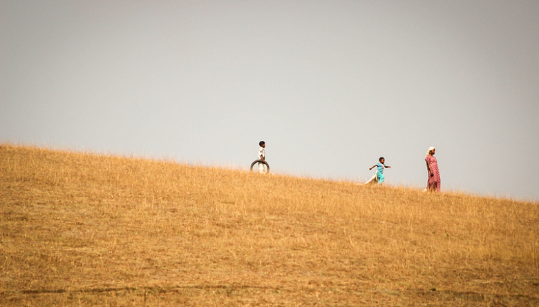 一位妇女两个孩子站在金色的田野里