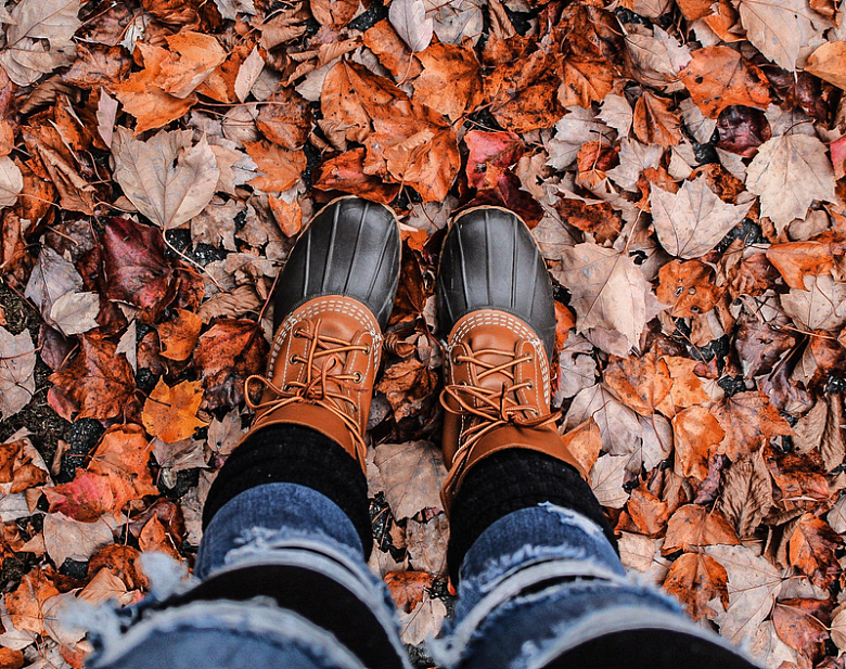 穿着靴子的人站在松脆的落叶上