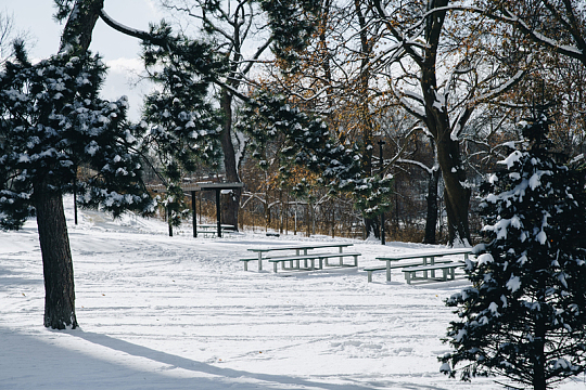 雪地公园里的野餐桌