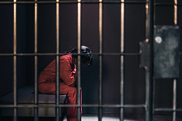 一个穿着橙色连身裤的女人坐在牢房里