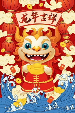 红黄色创意国潮风格龙年吉祥矢量海报