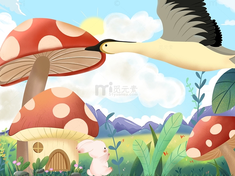 插画大雁 小兔子和蘑菇