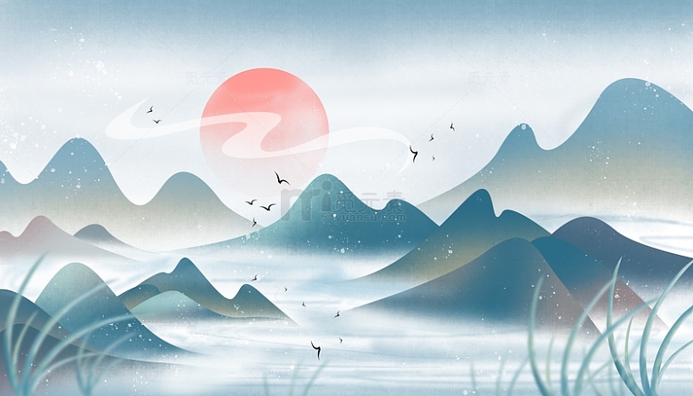 中国风立冬手绘水墨山水画展板背景