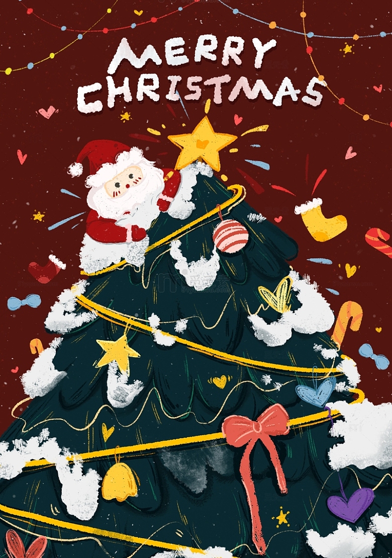 手绘圣诞节卡通圣诞树老人插画海报