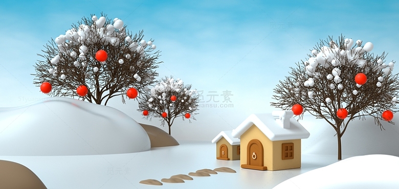 C4D冬天雪景小屋雪地海报背景