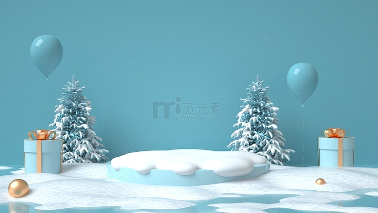 冬天蓝色雪地雪松C4D电商背景