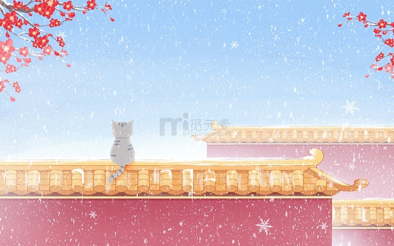 唯美冬天下雪红梅墙壁背景节气插画背景