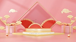 粉色C4D中式展台电商海报背景