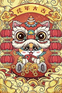 国潮海报新年喜庆红色舞狮龙过年