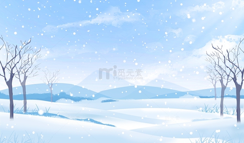 淡雅小清新冬天雪地户外风景手绘装饰背景