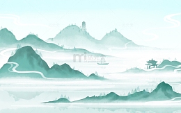 中国风水墨山水丹青绿色山水场景写意场景