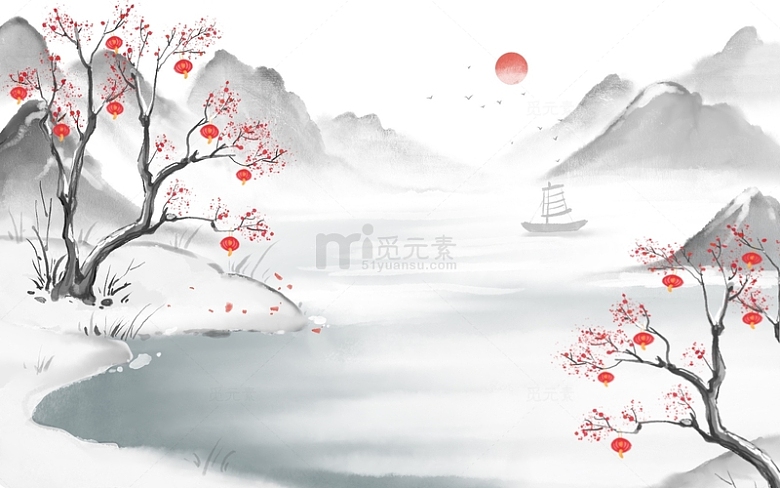中国风水墨山水梅花红灯笼喜庆雪景海报背景