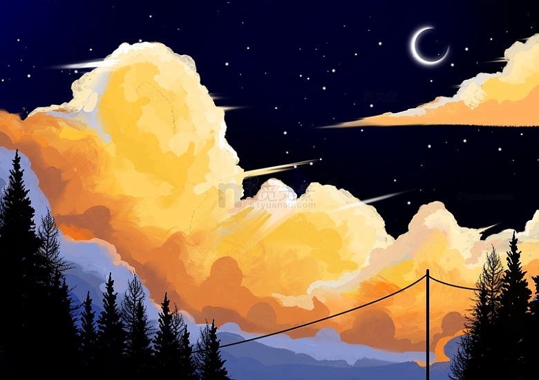 手绘风景插画月亮唯美小清新夜晚