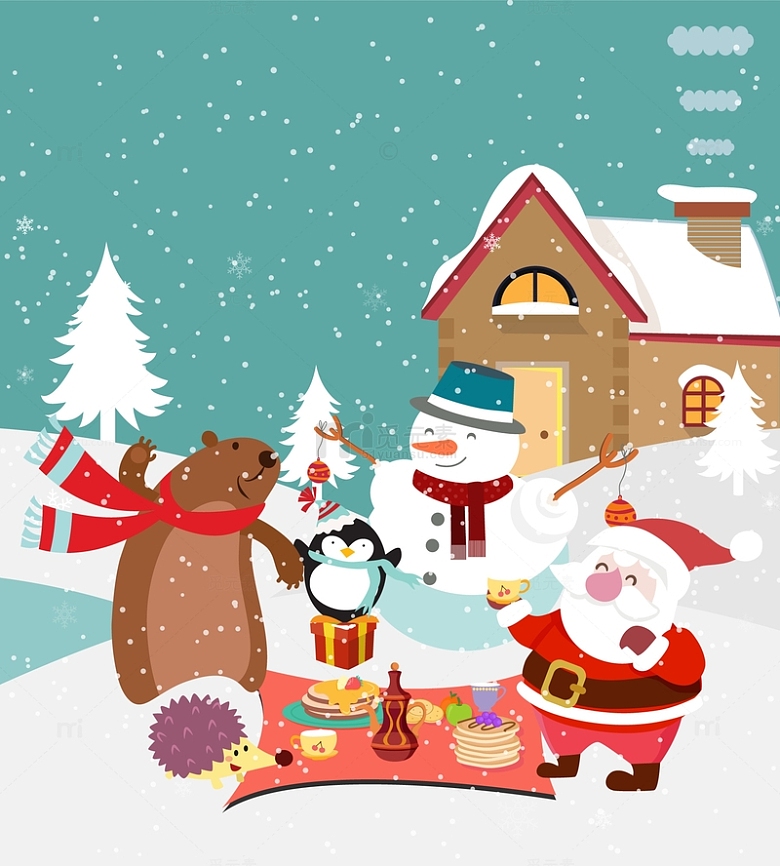 卡通可爱动物庆祝圣诞节插画背景