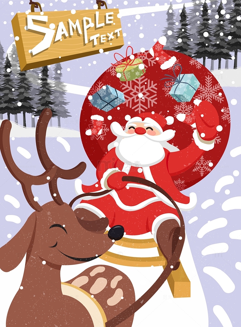 卡通圣诞节圣诞老人拉雪橇插画