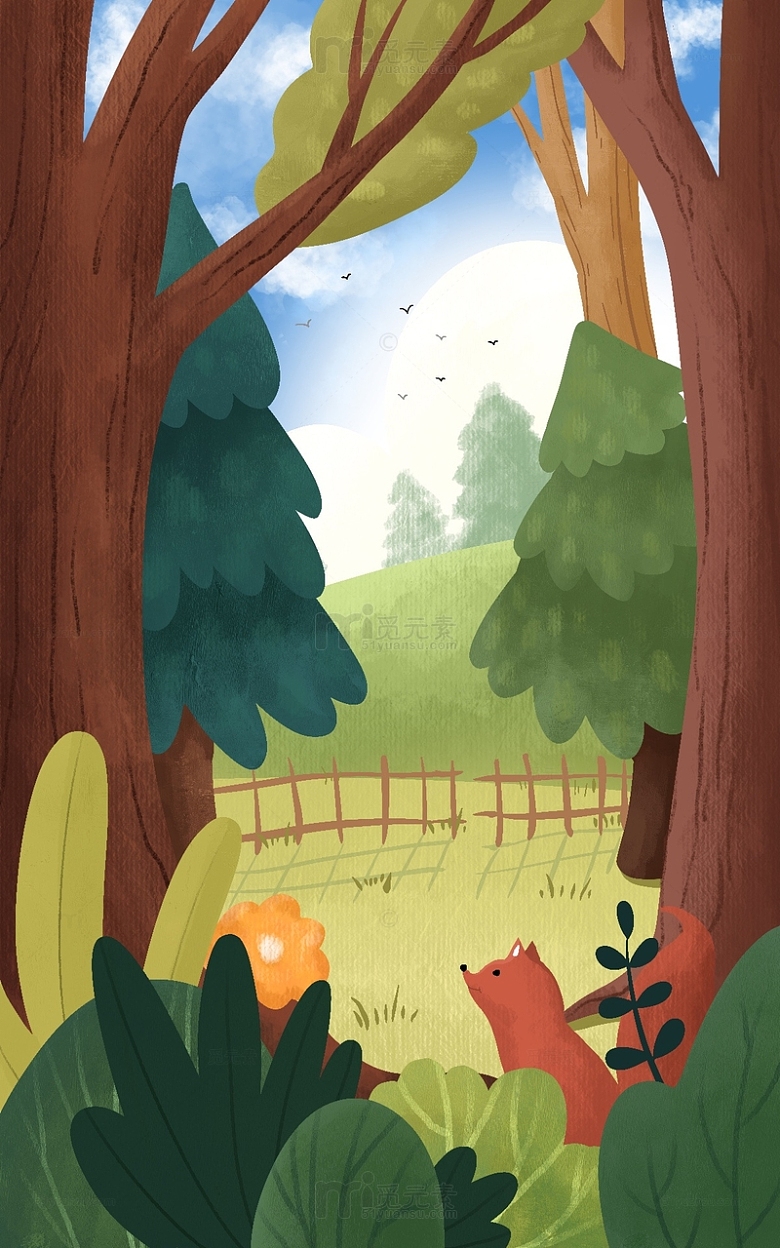 植物森林树木狐狸手绘插画背景