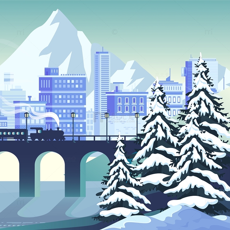 冬天雪松城市建筑桥梁