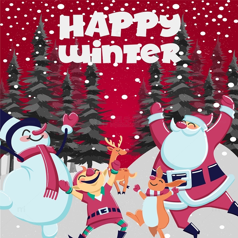 圣诞节冬天圣诞老人驯鹿雪人玩耍