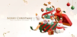 3D圣诞节圣诞树雪人背景