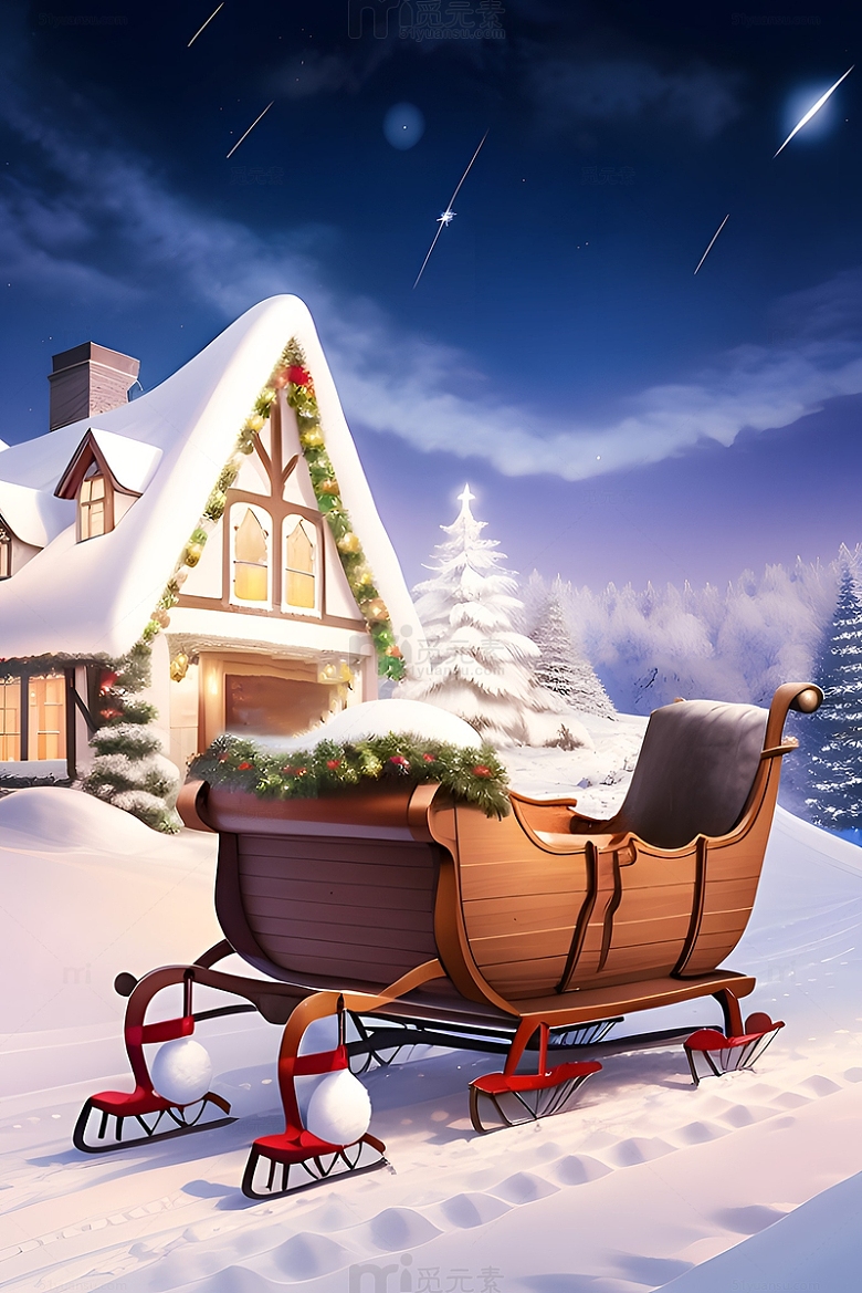 圣诞节冬季雪景夜空唯美蓝色背景图雪橇元素