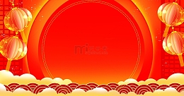 红色新年喜庆中式灯笼祥云婚庆婚礼展板背景