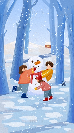 冬天雪景堆雪人