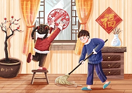 小年新年习俗贴窗花大扫除卡通插画
