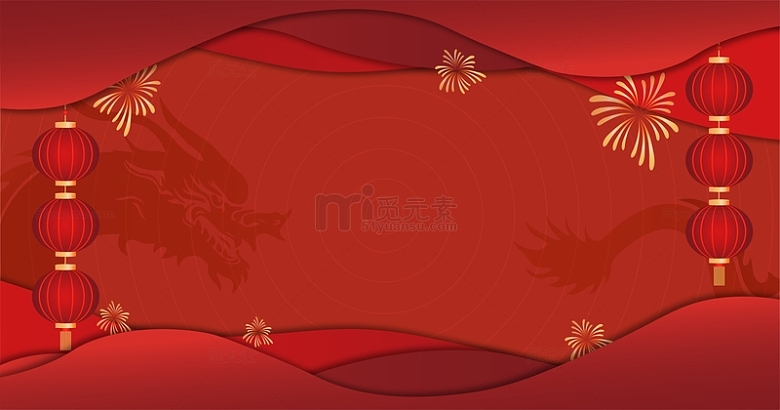 中国风红色龙年灯笼烟花剪纸背景