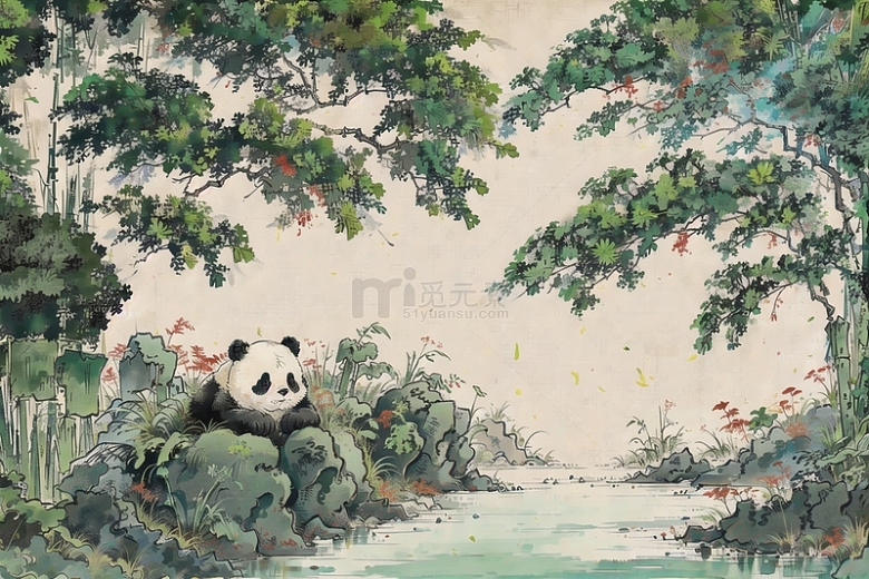 中国风水墨国画大熊猫竹子树林背景