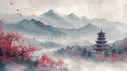水墨风中国山水春季背景