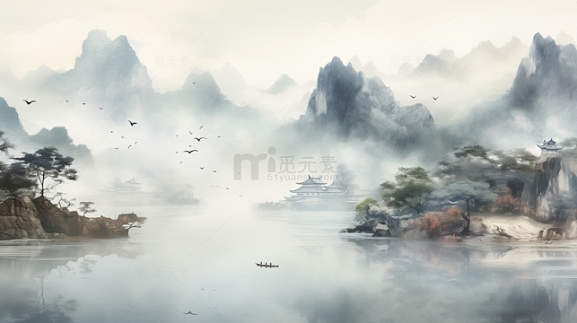 山水泛舟高山远水意境水墨背景