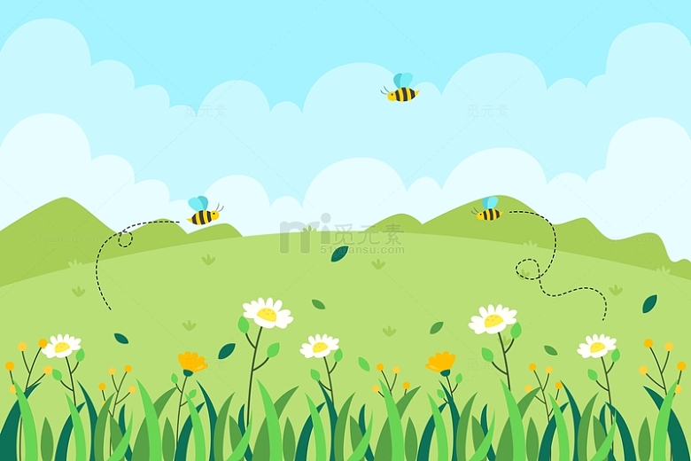 卡通蜜蜂春天草坪花草元素