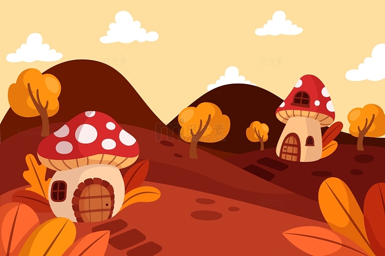 秋季黄昏日落下的蘑菇屋