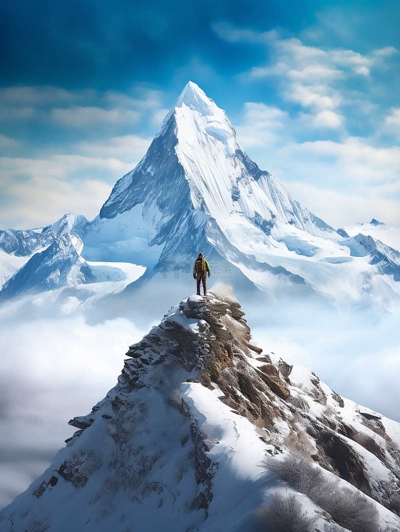 3D励志攀登人物雪山背景