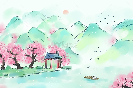 春天水墨风景插画