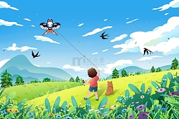 春天小孩户外放风筝插画