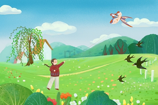 春天户外踏春插画