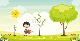 卡通绿色草坪植树背景