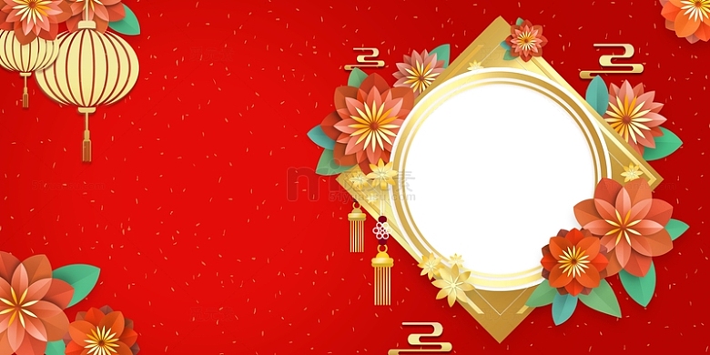 红色中国风剪纸花边框新年春节背景