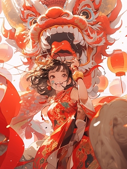 3D新年中国龙醒狮小女孩壁纸元素