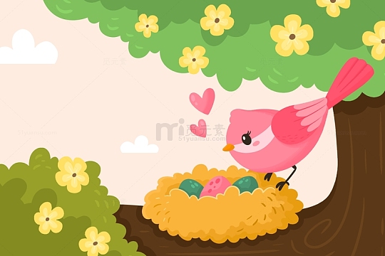 春天树上的鸟窝和鸟妈妈